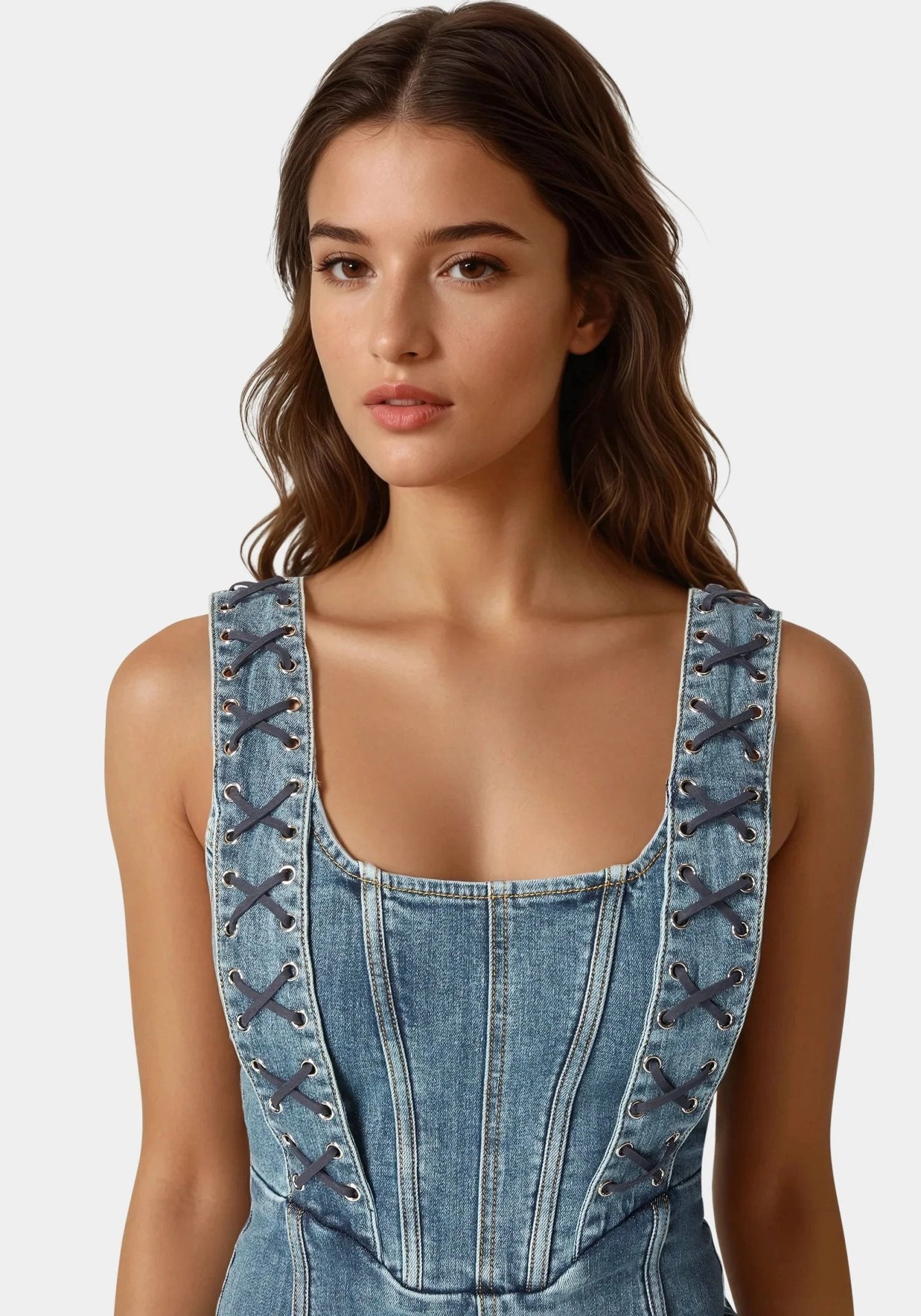 Bow Fitted Eyelet Denim Dress - RewearHau