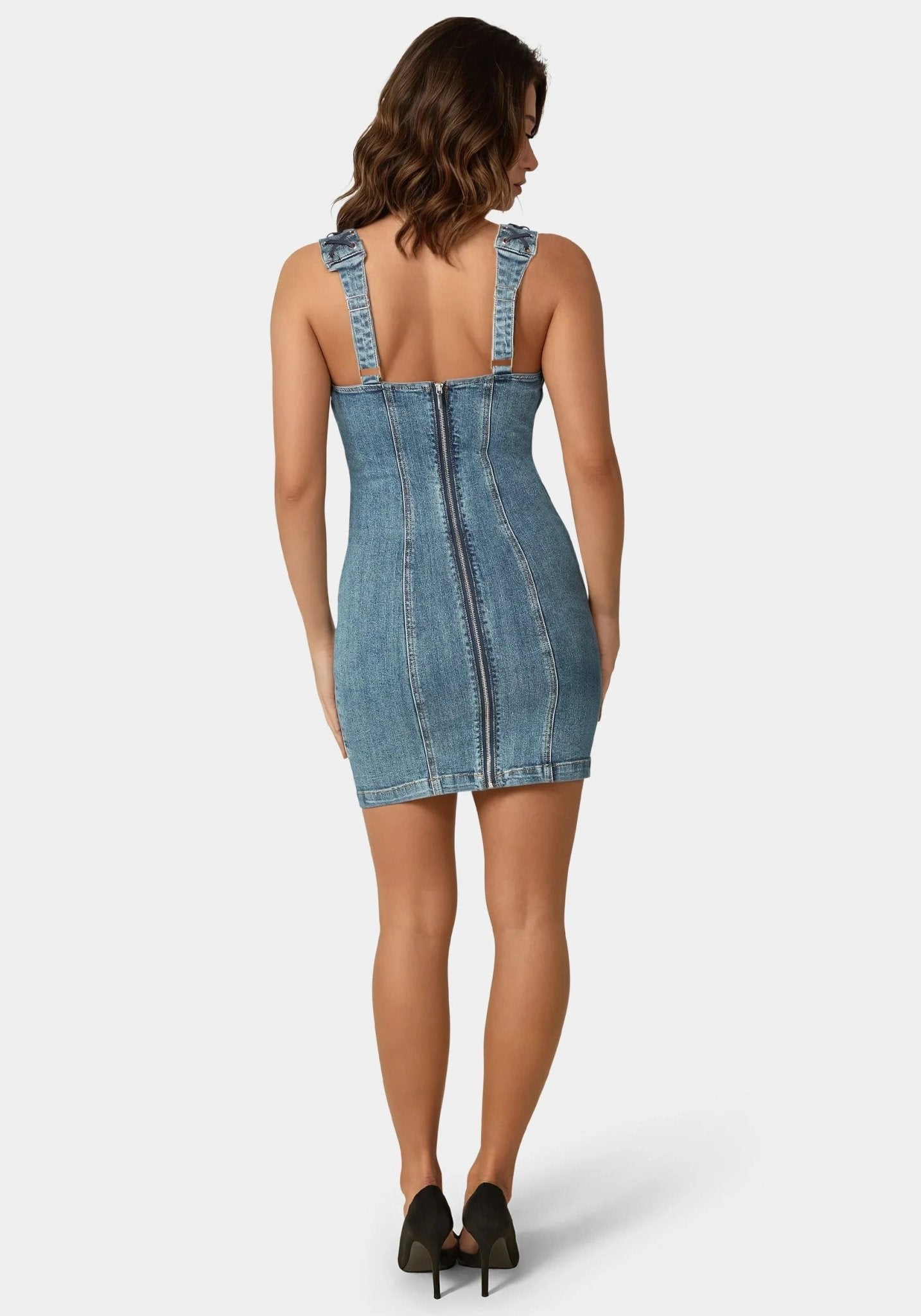 Bow Fitted Eyelet Denim Dress - RewearHau