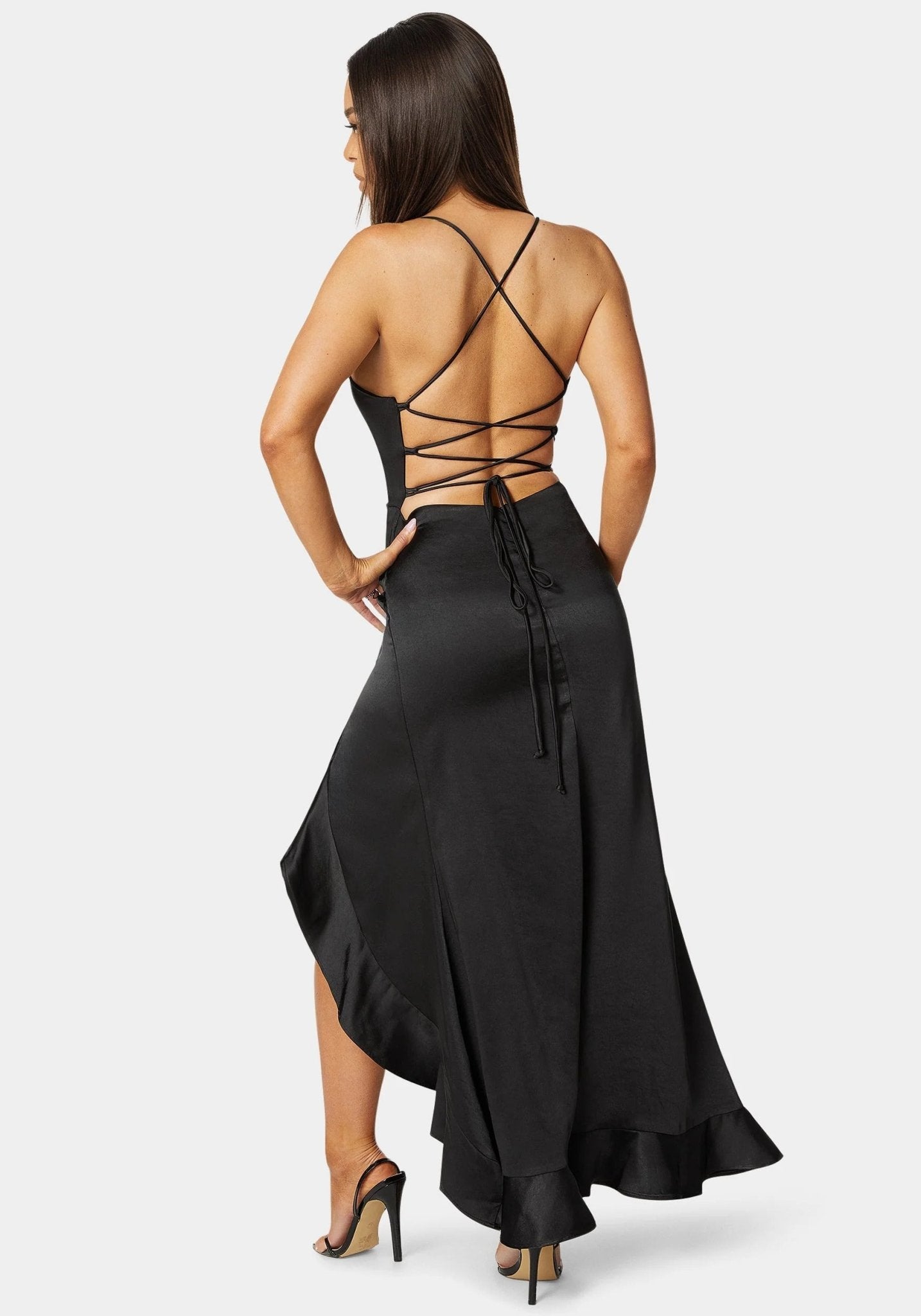 Satin Ruffle Maxi Lace Up Back - RewearHau