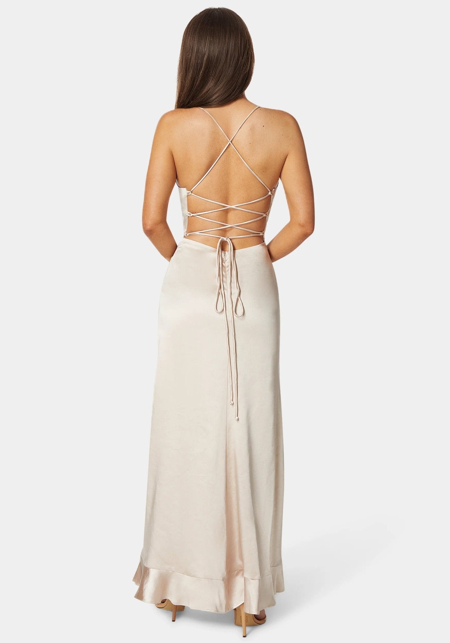 Satin Ruffle Maxi Lace Up Back - RewearHau