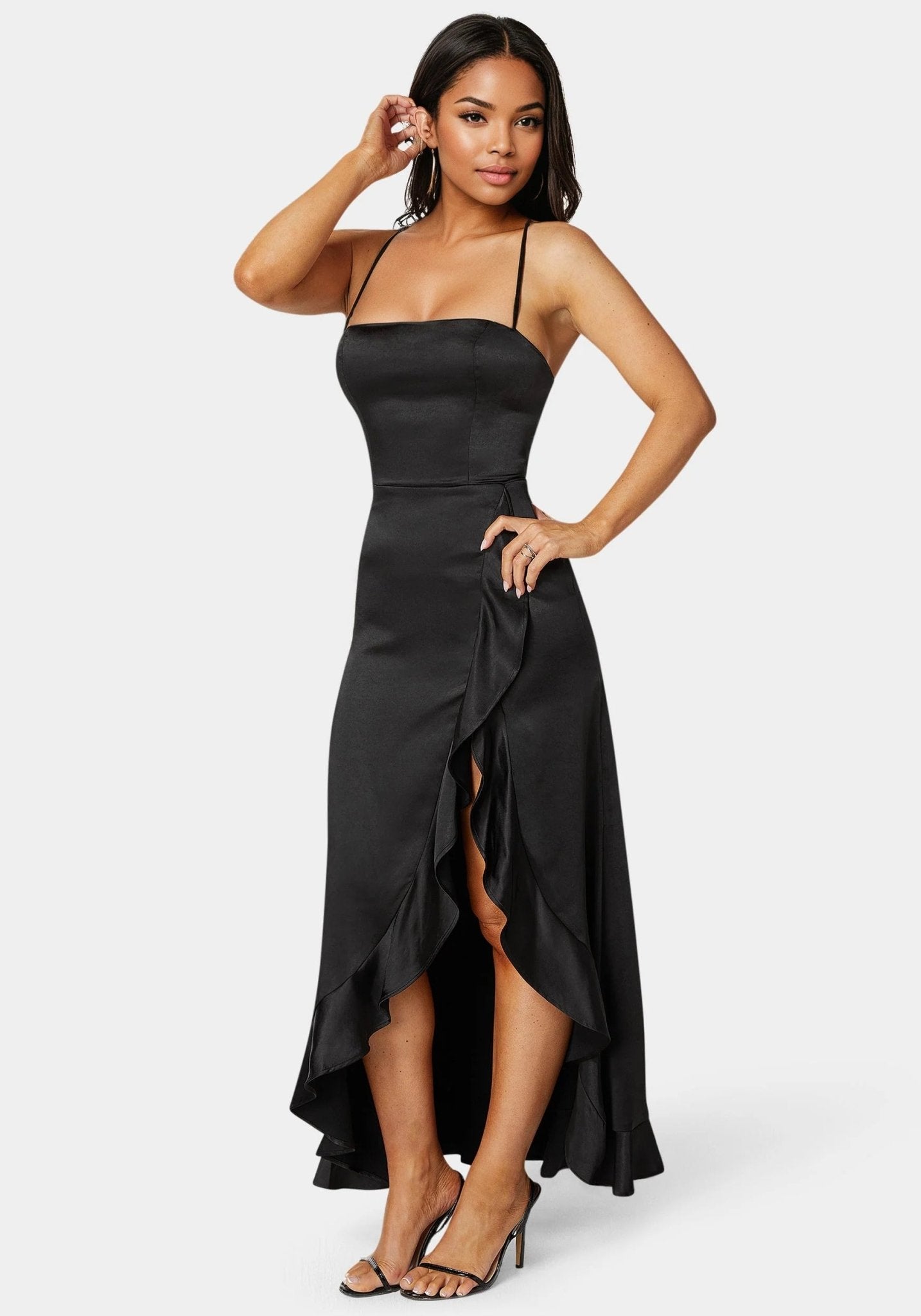 Satin Ruffle Maxi Lace Up Back - RewearHau