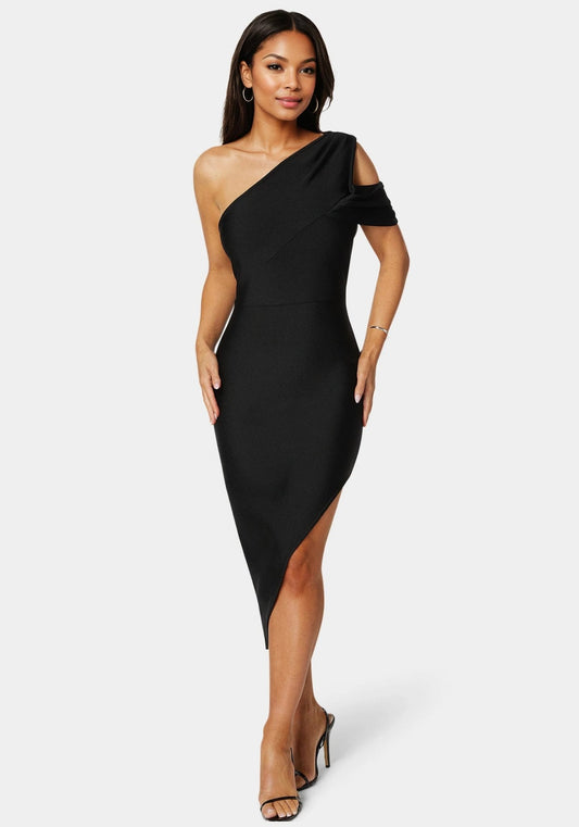 Asymmetrical High Slit Bandage Midi Dress - RewearHau