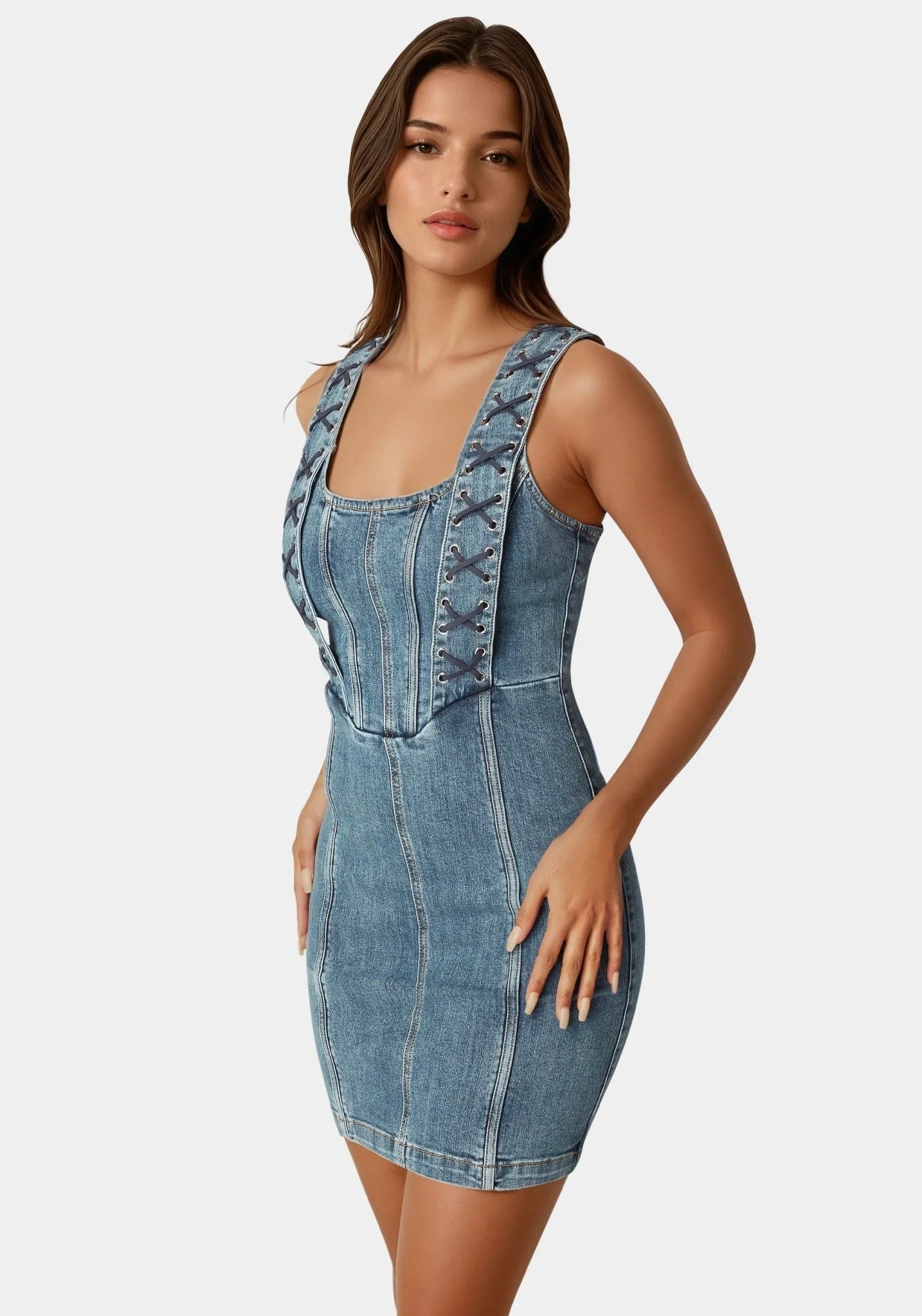 Bow Fitted Eyelet Denim Dress - RewearHau