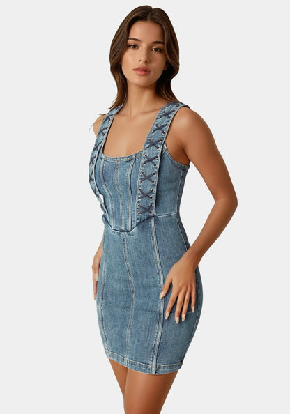 Bow Fitted Eyelet Denim Dress - RewearHau