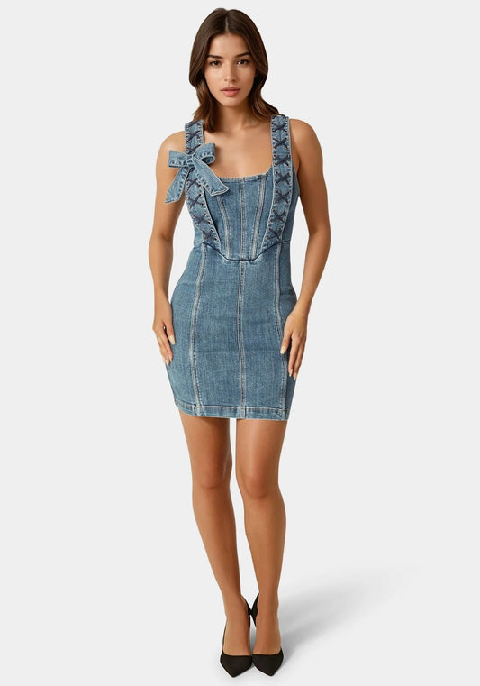 Bow Fitted Eyelet Denim Dress - RewearHau