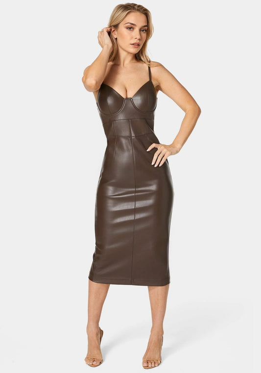 Faux Leather Bustier Midi Dress - RewearHau