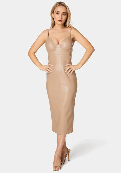 Faux Leather Bustier Midi Dress - RewearHau