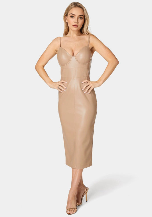 Faux Leather Bustier Midi Dress - RewearHau