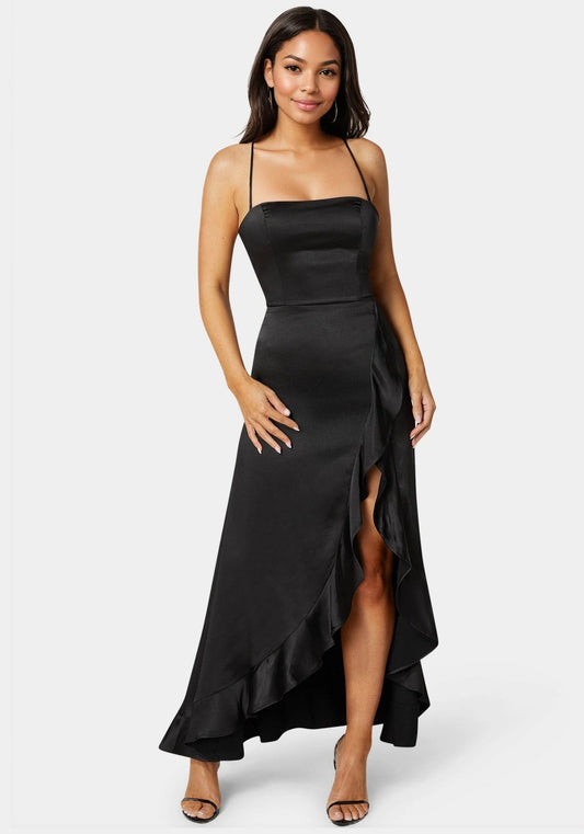 Satin Ruffle Maxi Lace Up Back - RewearHau