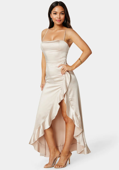 Satin Ruffle Maxi Lace Up Back - RewearHau